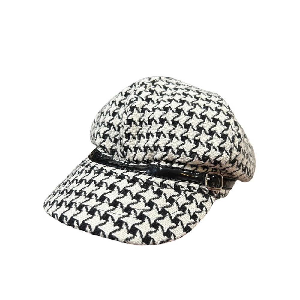 Y2K Houndstooth Baker Boy Cap with Faux‎ Leather Trim and Buckle Accent Stylish